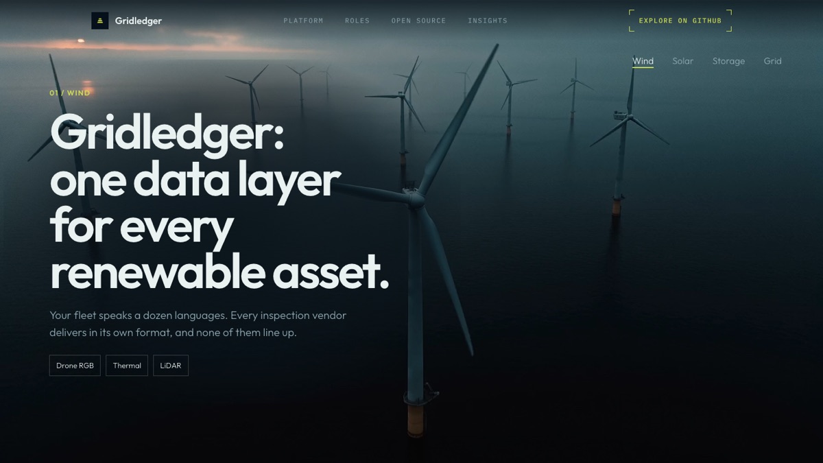 Gridledger: the site hero, an offshore wind farm at dusk under the headline "one data layer for every renewable asset"
